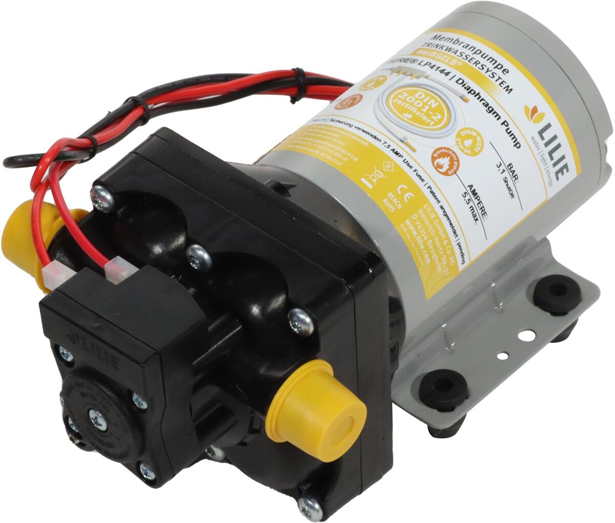 Lilie LP4144 Softserie Druckwasserpumpe Trinkwassersystem 11,3L/min 3,1bar Camping weiß gelb
