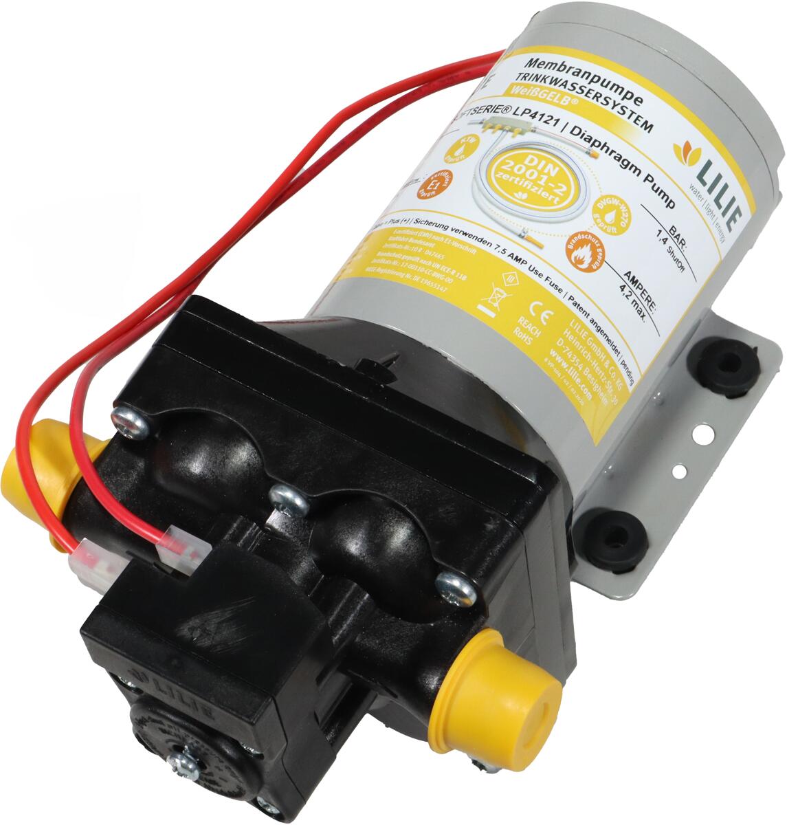 Lilie LP4121 Druckpumpe Druckwasserpumpe Trinkwassersystem 12V 7,5l/min 1,4bar Camping weiß gelb