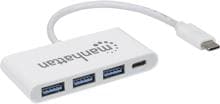 Manhattan 163552 USB3.0-Hub 3+1 Port Schellladeport USB-C Stecker weiß
