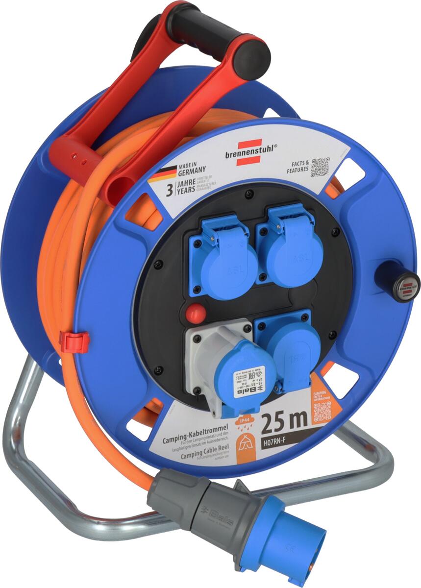 25 Meter Brennenstuhl Garant IP44 Camping-Kabeltrommel Verlängerungskabel H07RN-F 3G2,5 1xCEE230V/16A blau orange