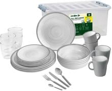 Brunner All Inclusive Bellagio Geschirrset Essteller Müslischale Becher Camping Outdoor 36-teilig Melamin weiß grau