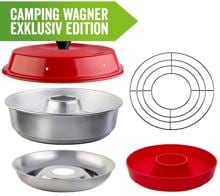Omnia Campingbackofen Starter-Set Kocher Silikon-Backform Aufbackgitter Camping Wagner Edition rot