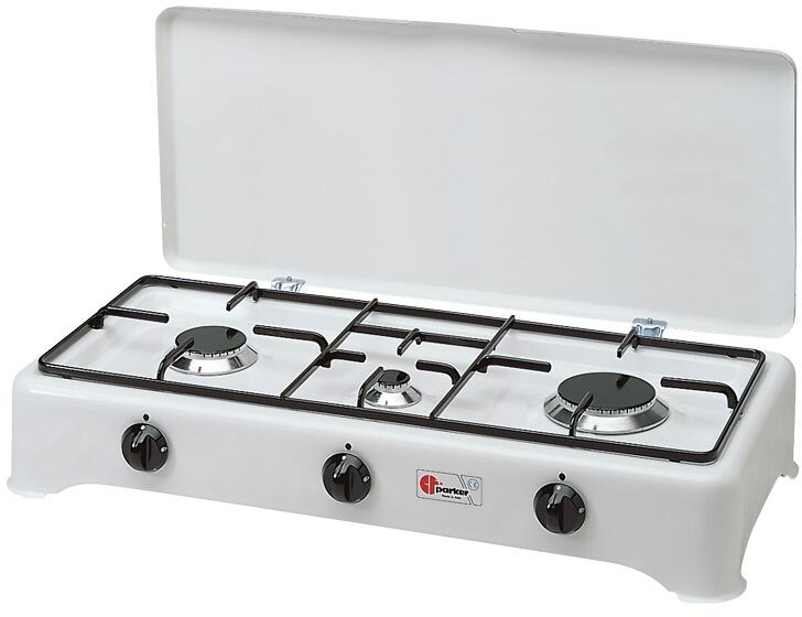CF Parker Gaskocher Campingkocher 3-flammig 50mbar Zündsicherung Emaille Outdoor Garten weiß