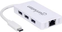 Manhattan 507608 3+1 Port USB 3.0-Hub Splitter USB-C Stecker LAN weiß