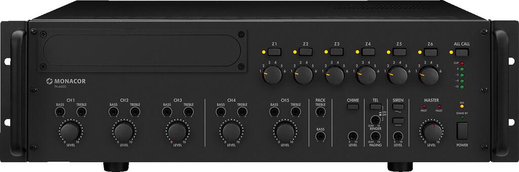 Monacor PA-6600 ELA-Verstärker Stereo Mikrofon-Eingang 600W 6-Zonen schwarz