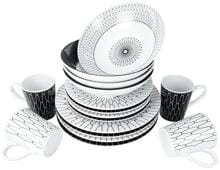 Camp4 Black-White Premium Melamin-Geschirrset Teller Schüssel Becher 16tlg Camping Wohnwagen