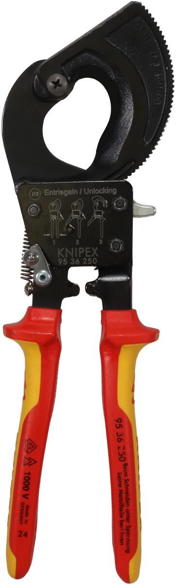 Knipex 9536250 Kabelschneider Ratschen-Kabelschneider für Kupferkabel Alukabel rot gelb