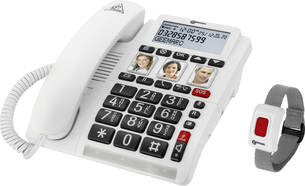 Geemarc CL610 Schnurgebundenes Seniorentelefon Foto-Tasten Freisprechen für Hörgeräte kompatibel inkl. Notrufsender weiß
