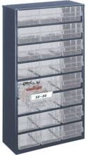 Raaco 1224-02 Kleinteilemagazin Sortierkasten Lagerregal Stahlmagazin 306x150x552mm Fächer 24 blau transparent