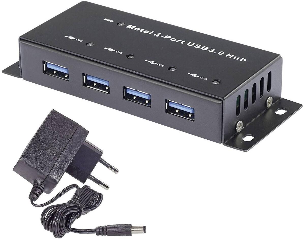 Renkforce RF-3984134 USB 3.0-Hub 4 Port Metallgehäuse Wandmontage schwarz